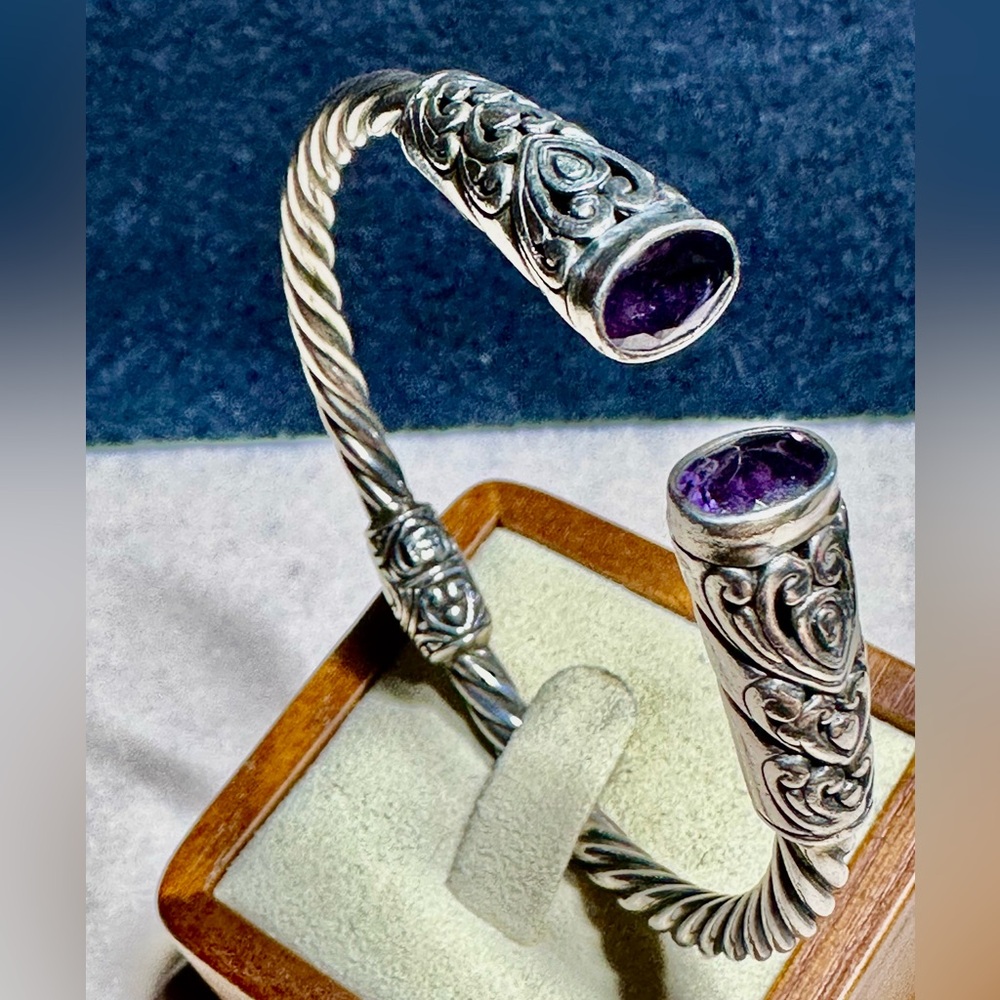 NOVICA Artisan 925 Silver Bali Floral Design Amethyst Bracelet 6.5” Lot 769